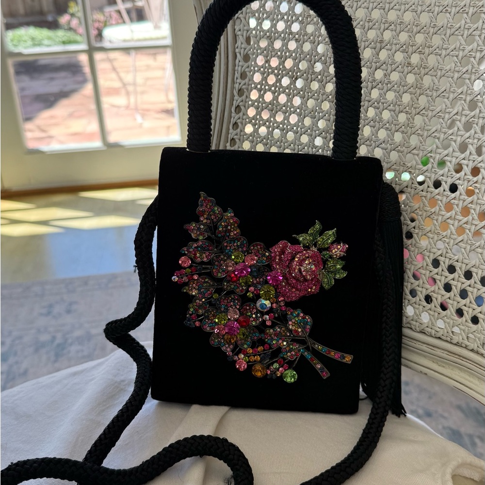 Black Velvet Mini Bag with Multicolor Crystal Floral Applique